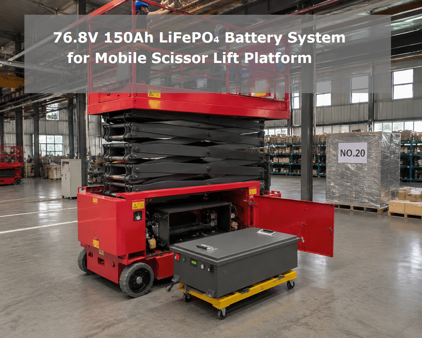 أحدث حالة شركة حول 76.8V 150Ah نظام بطارية LiFePO4 لمنصة رفع مقص متنقلة